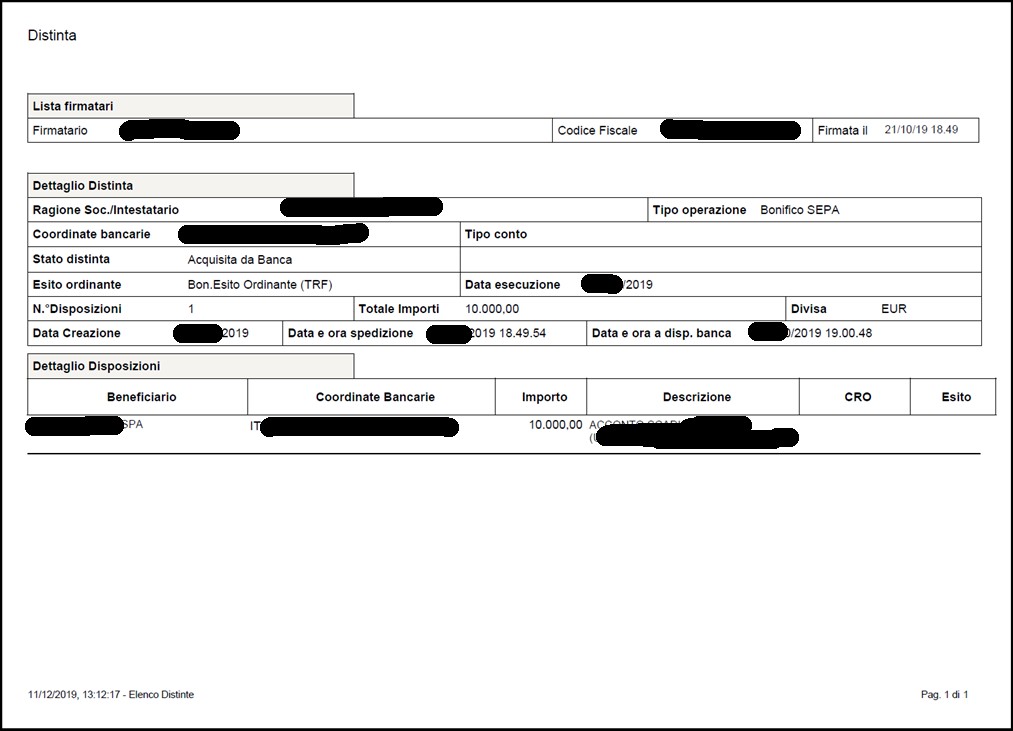 Rappresentazione grafica del file PDF relativo alla Distinta di Bonifico SEPA