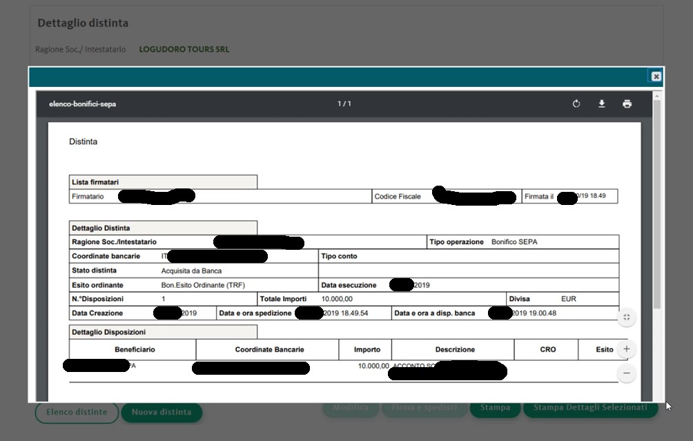 Fotogramma relativo alla stampa della distinta di bonifico